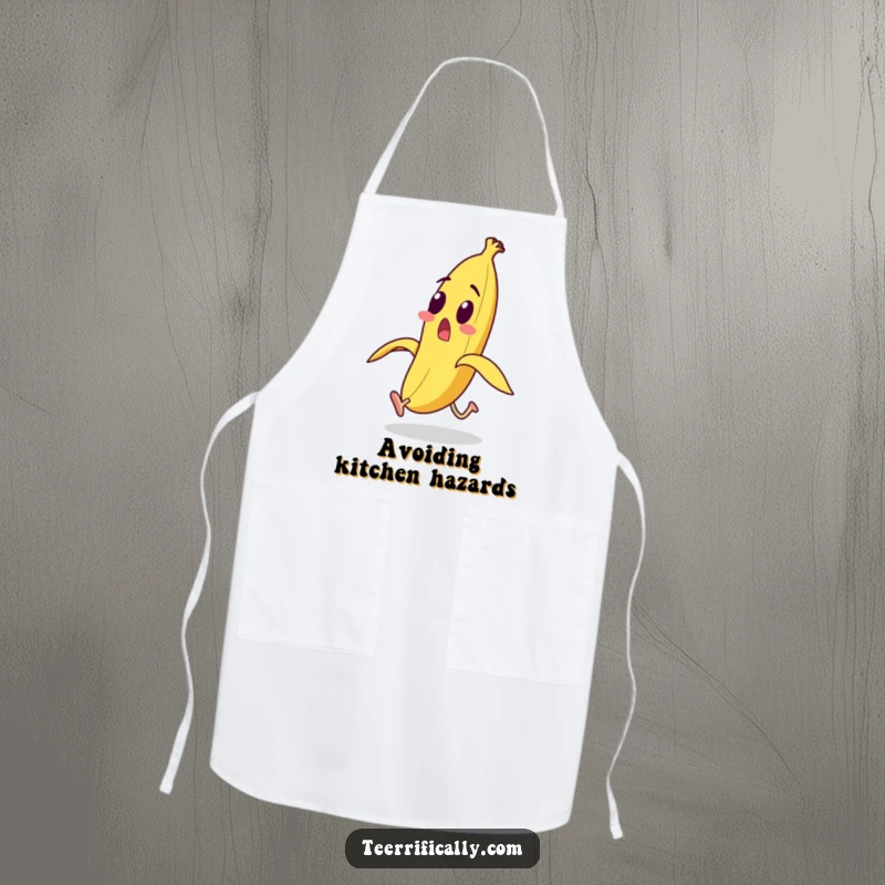 Funny surprised banana character with legs running from its peel on a kitchen apron, depicting humorous kitchen chaos.