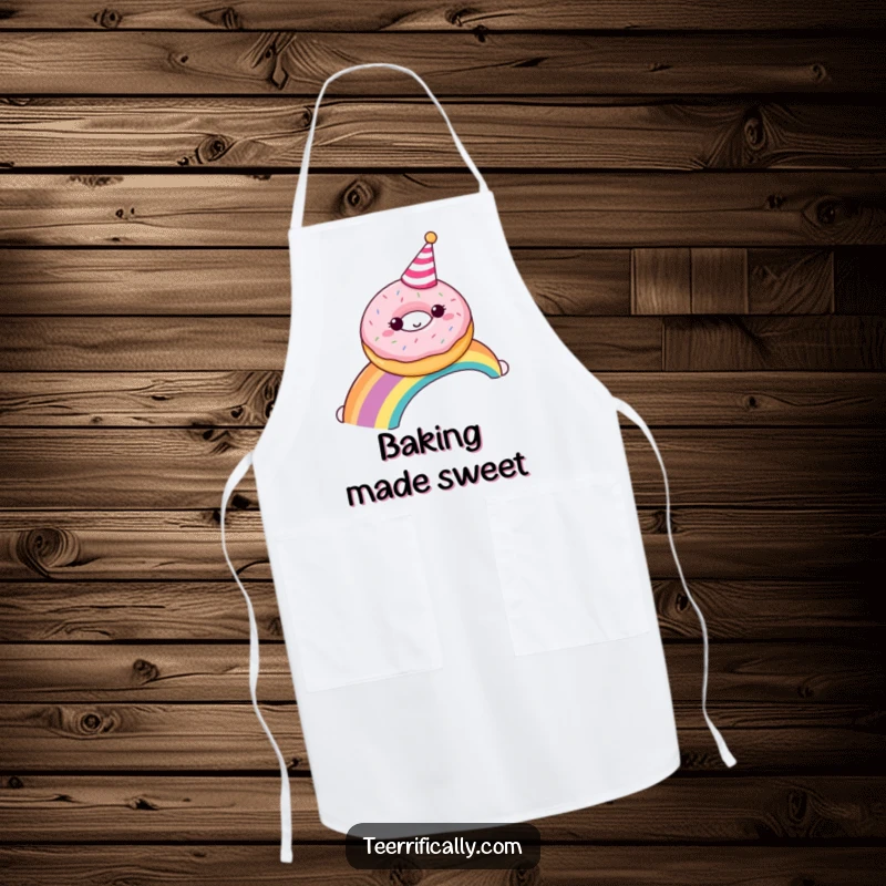 Funny donut in a party hat gleefully sliding down a colorful rainbow, shown on a kitchen apron for whimsical cooking.