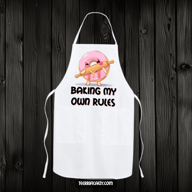 Funny apron showing a clumsy donut hugging a rolling pin, perfect for kitchen protection with a humorous, sticky twist.