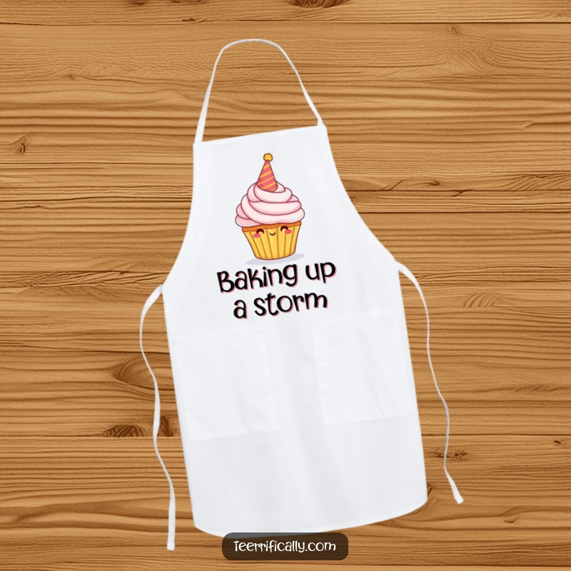 Funny Apron showcasing a proud cupcake character with a party hat and abundant frosting, perfect for kitchen celebrations.