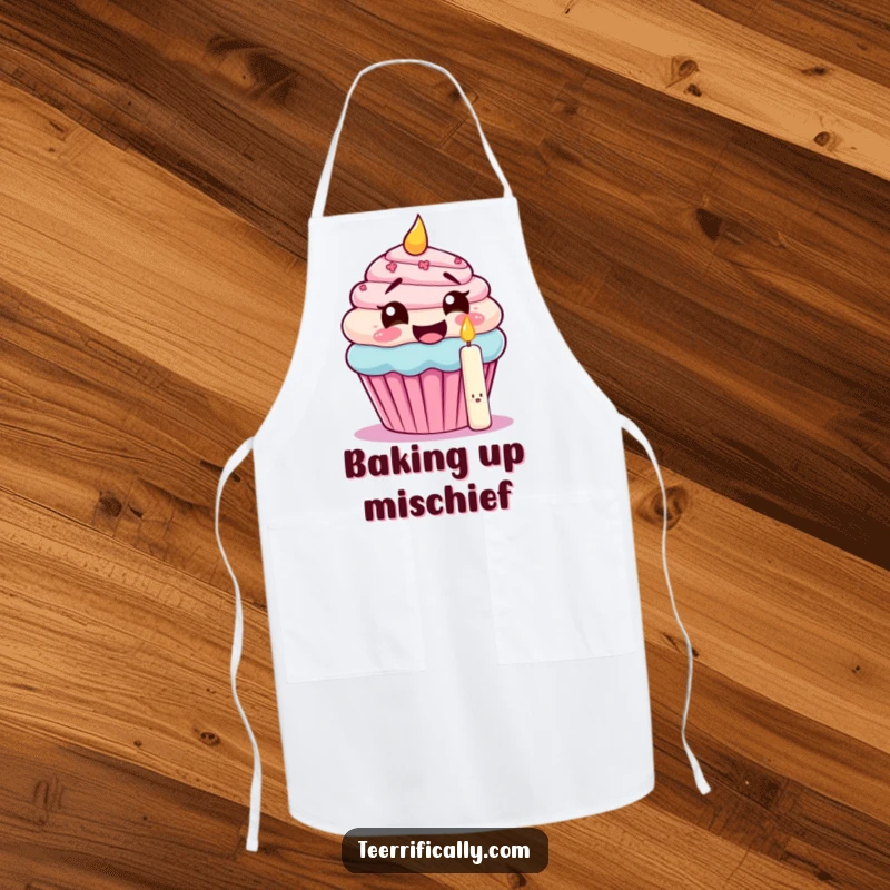Funny apron showing a giggling cupcake attempting to eat its own candle, perfect for kitchen protection with birthday humor.