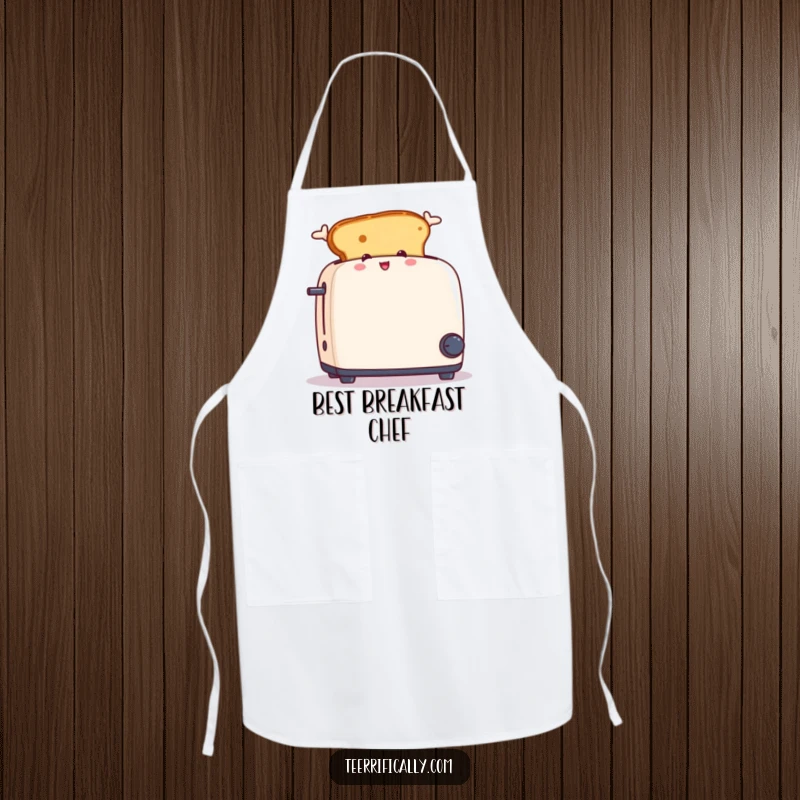 Funny apron showing a piece of toast with ears jumping out of a toaster, ideal for cooks.