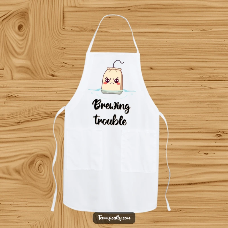Funny Apron showcasing a grumpy teabag with a surprised expression as it rises from the tea, perfect for kitchen humor.