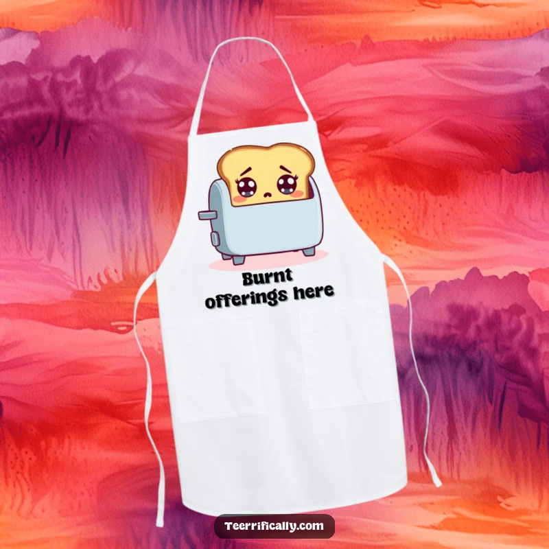 Funny apron depicting a startled slice of toast jumping out of a toaster, ready for kitchen adventures with breakfast humor.