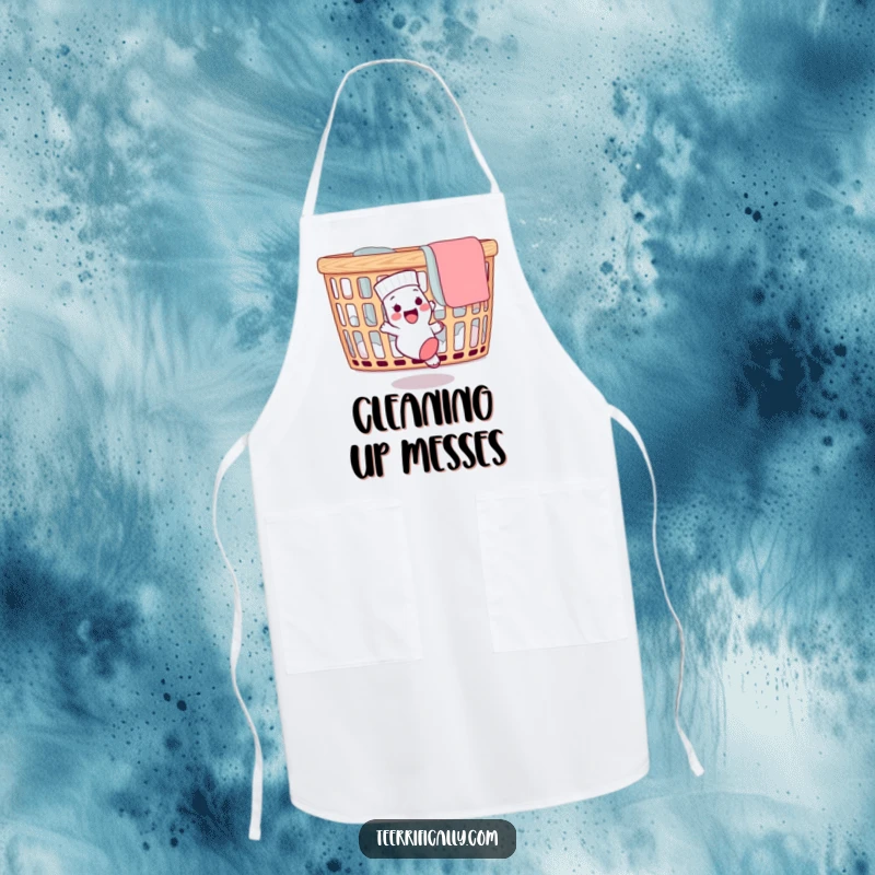 Funny kitchen apron depicting a delighted sock chasing its mate around a laundry basket, perfect for humorous chefs.