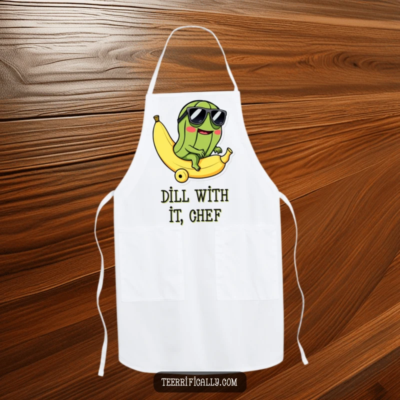 Funny apron showing a mischievous pickle in sunglasses riding a rolling banana, perfect for kitchen protection with absurd humor.