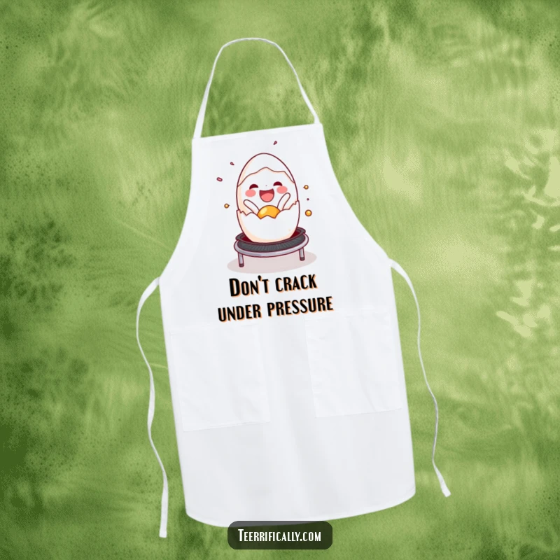 Funny cracked egg apron, joyfully spilling onto a trampoline, adding a humorous touch to cooking and baking. Practical gift.