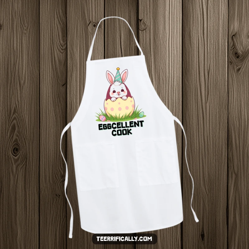 Funny apron showing a fluffy bunny wearing a party hat peeking from a giant Easter egg, adding playful charm to kitchen tasks.