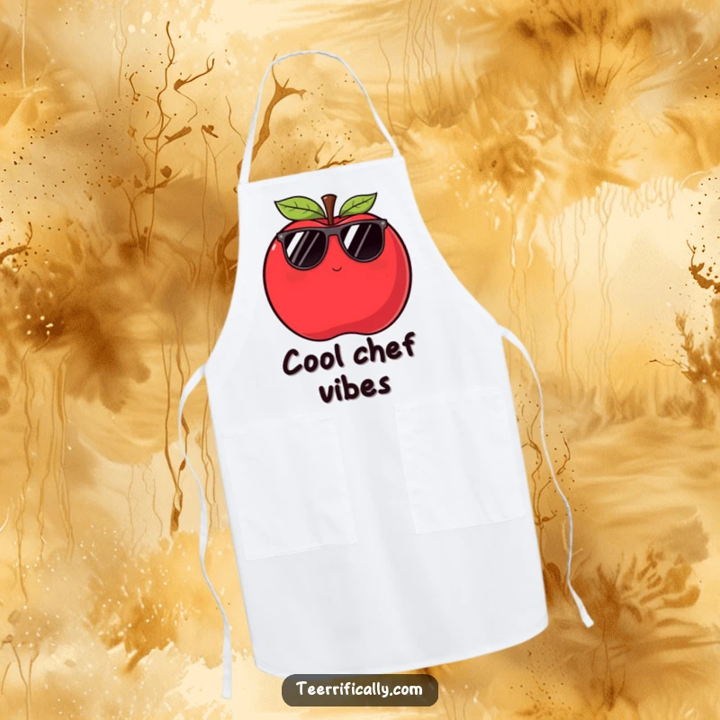 Funny apple apron depicting a plump red apple in sunglasses winking slyly, perfect for a humorous cooking gift.