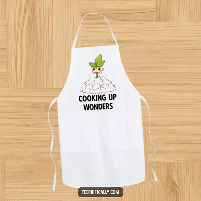 Funny apron showing a determined sprout pushing through clouds, perfect for kitchen gardeners and bakers.