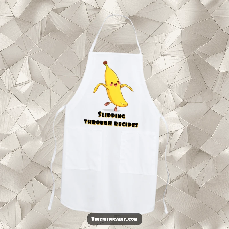 Funny banana peel pirouette apron, kitchen wear with a silly banana peel in shoes doing ballet, for cooks.