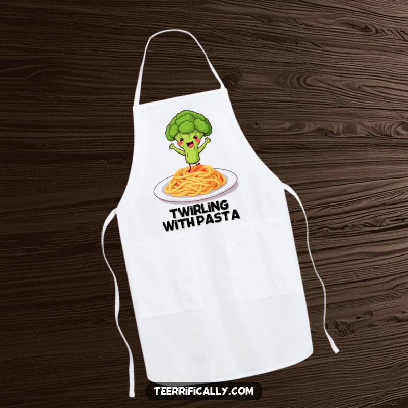Funny apron featuring a happy broccoli floret dancing on a plate of spaghetti.