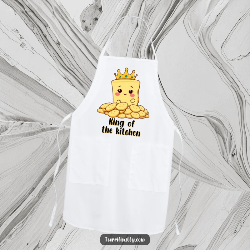 Funny apron showing a proud slice of cheese wearing a tiny crown, regally surveying crackers.