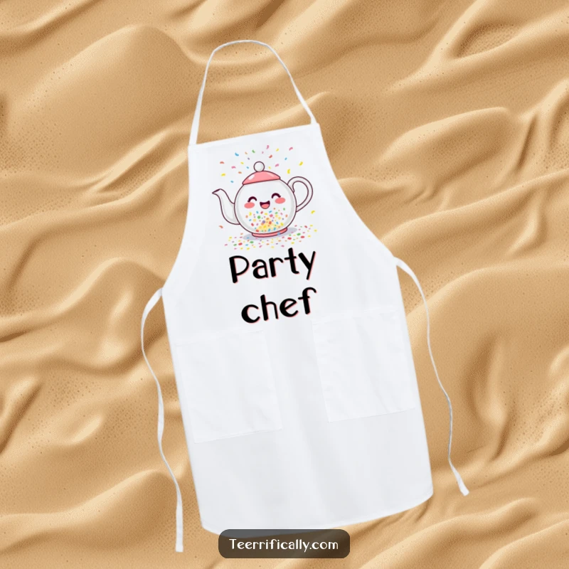 Funny apron with a happy teapot joyfully pouring colorful confetti instead of tea, adding festive fun to kitchen tasks.