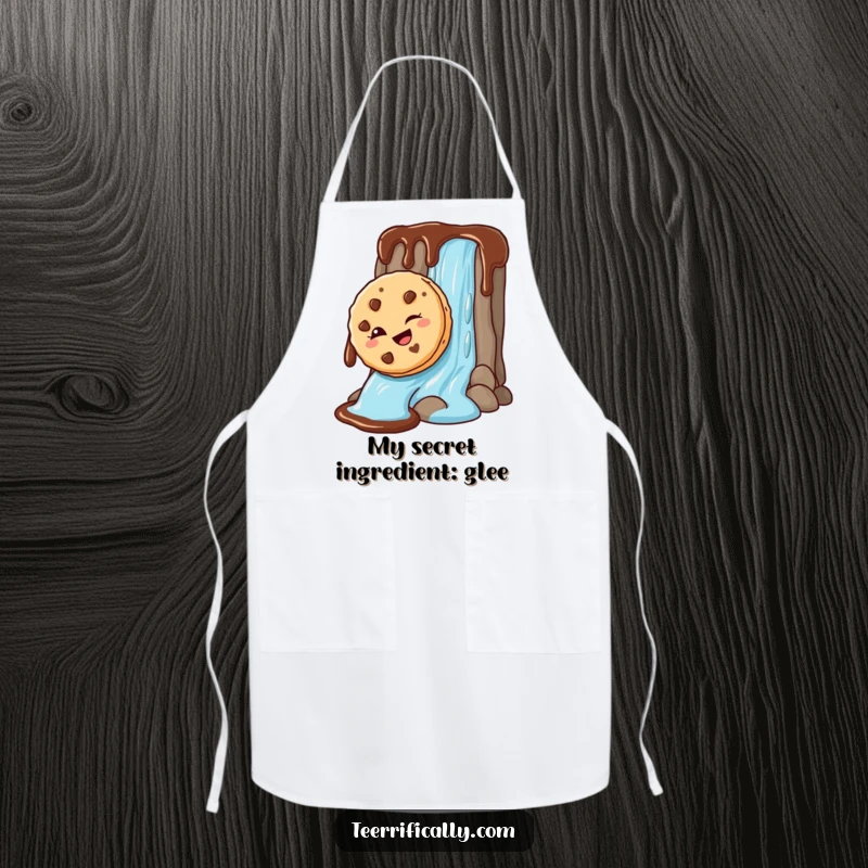 Funny Apron showing a mischievous cookie sliding down a chocolate waterfall, perfect for chefs who cook with humor and joy.