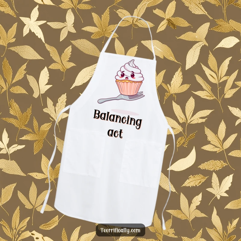 Funny apron depicting a shocked cupcake attempting to balance on a giant fork, ideal for chefs and home cooks.