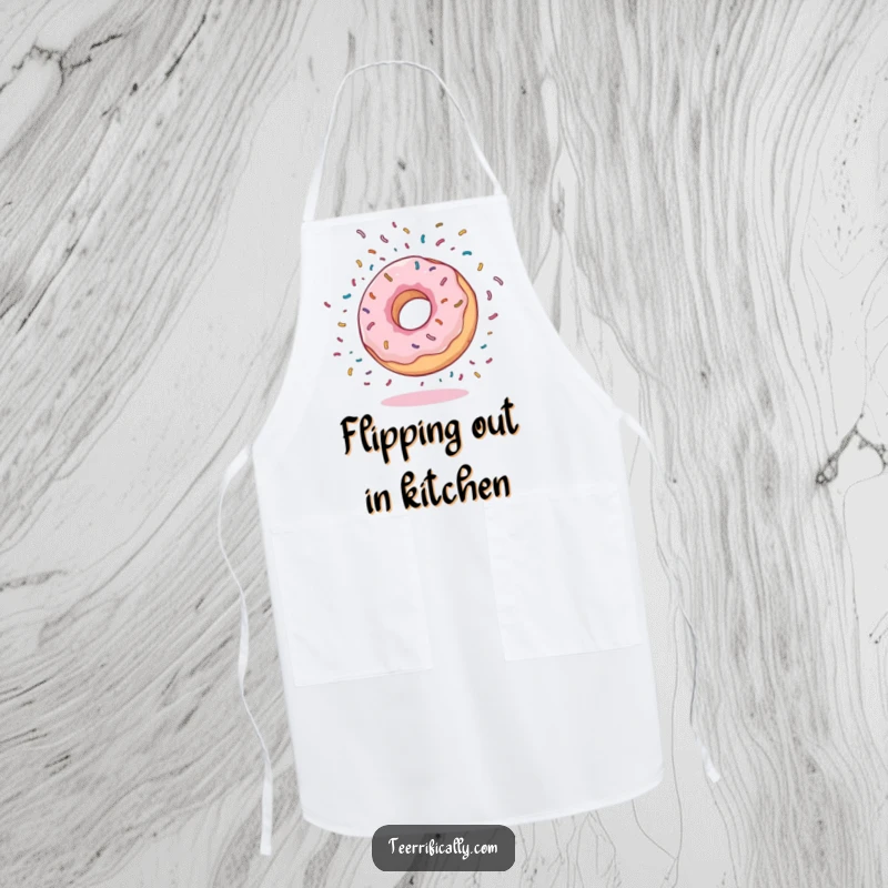 Funny Apron showing a bouncy donut doing a somersault with flying sprinkles, perfect for bakers who love to cook with joy and humor.