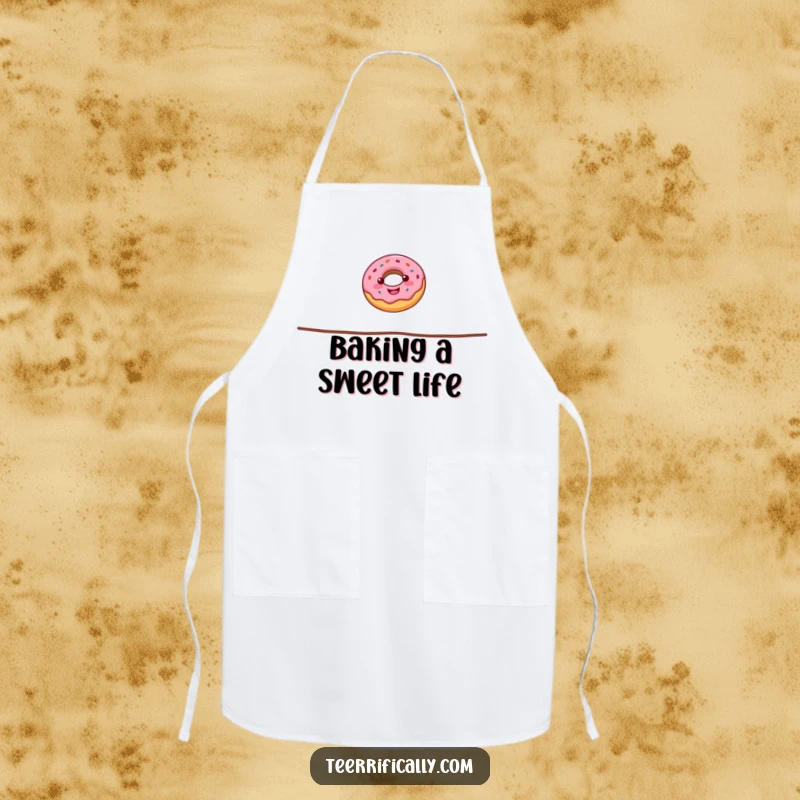 Funny donut apron illustrating a cheerful donut balancing on a tightrope, ideal for keeping clothes clean during cooking with a side of sweet humor.