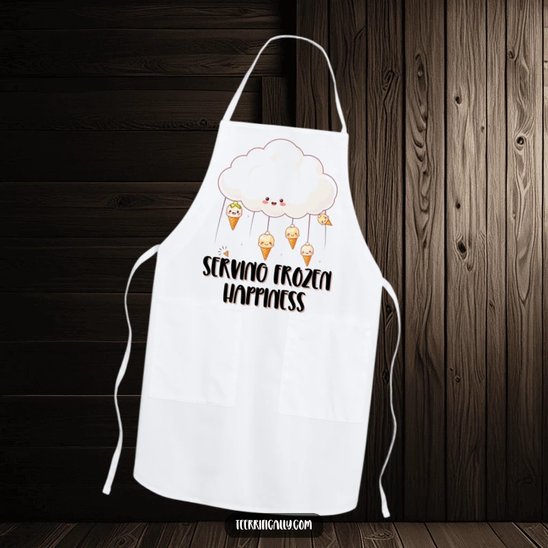 Funny apron showing a happy cloud raining smiling ice creams, ideal for cooks and bakers.
