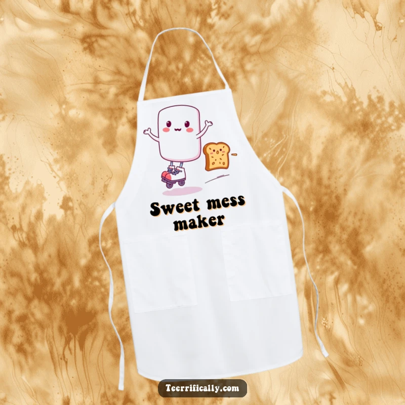 Funny apron design with a marshmallow wearing roller skates, zooming past a surprised piece of toast, ideal for a cook who loves humor.