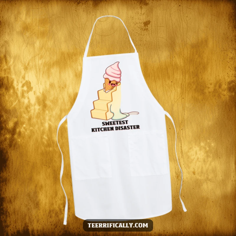 Funny apron showing a melting ice cream cone comically sliding down a staircase made of toast.