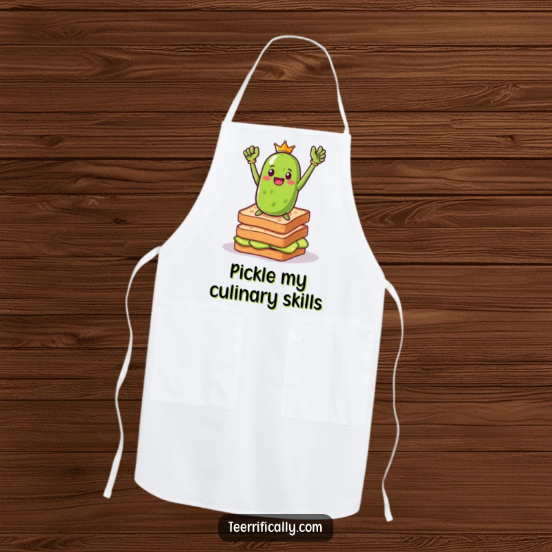 Funny pickle toast hero apron showing a triumphant pickle heroically posing on toast, ideal for keeping clothes clean with a side of bold breakfast humor.