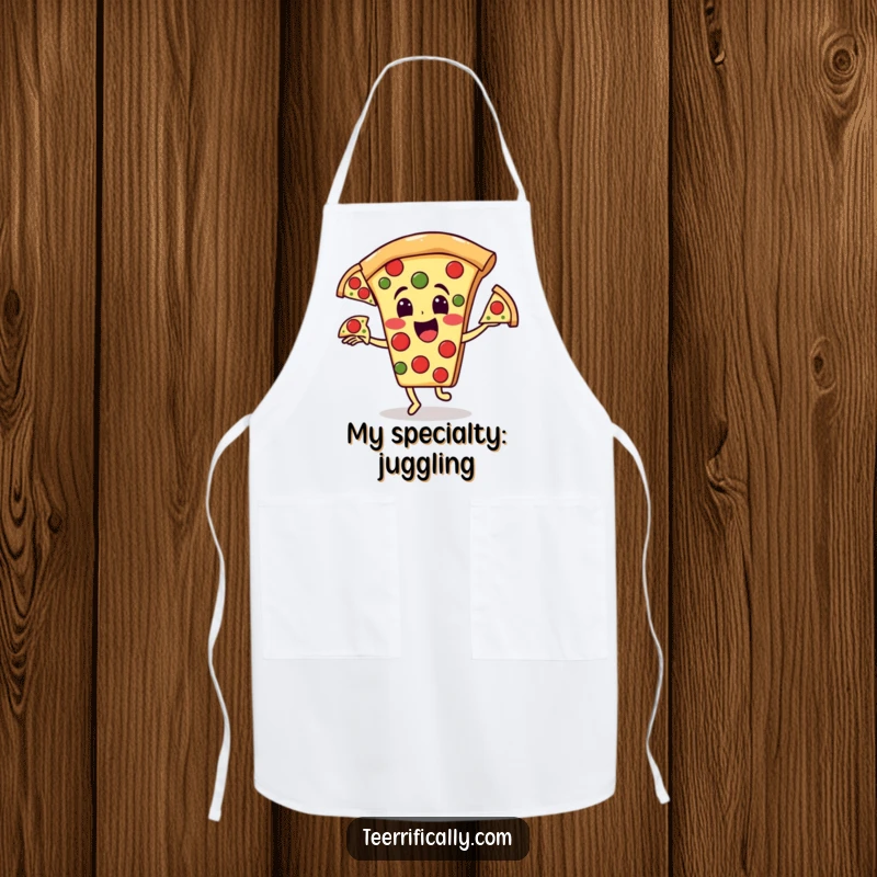 Funny pizza apron: Happy pizza character juggling three runaway pepperoni slices, a practical funny gift.