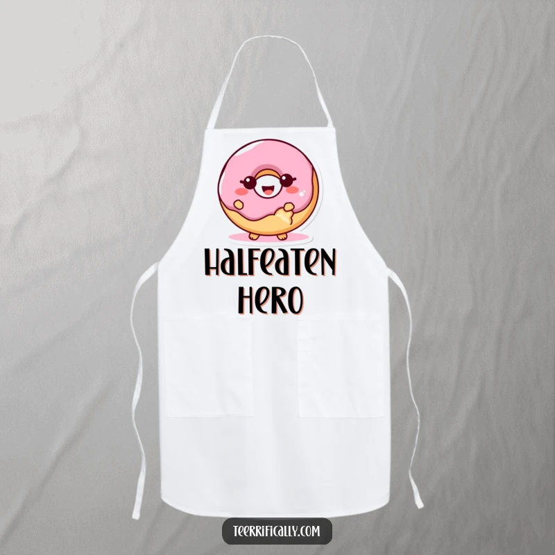 Funny proud donut apron, a smiling giggling donut with a bite mark, perfect for kitchen humor and protection, a great funny gift.