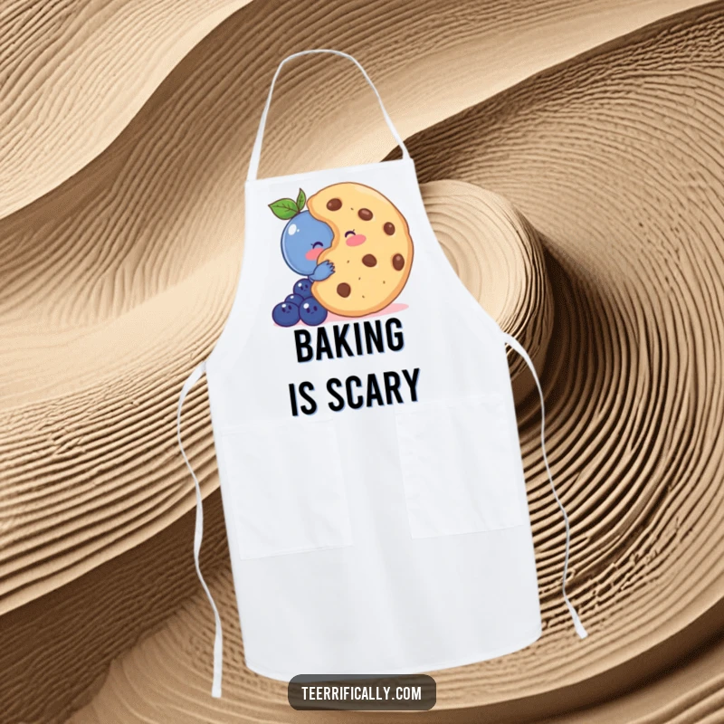 Funny apron showcasing a shy blueberry blushing behind a giant cookie, ideal for a cute baker.