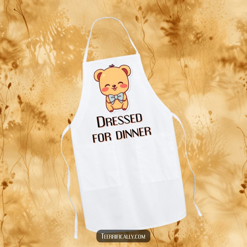 Funny apron with a shy hot dog character wearing a tiny bowtie and blushing brightly, perfect for a charming cook.