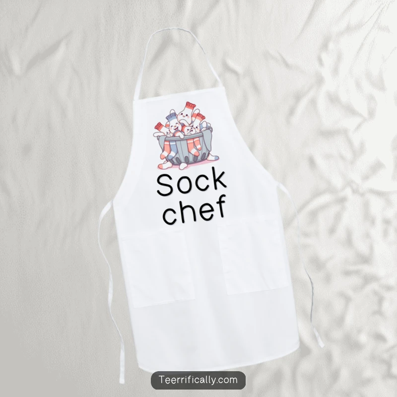 Funny apron with a giggling pile of socks humorously attempting to escape a laundry basket, adding fun to kitchen tasks.