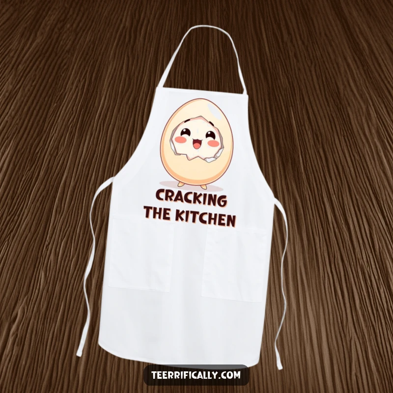 Funny chef apron with a startled cartoon egg cracking itself open in a moment of happy culinary surprise.