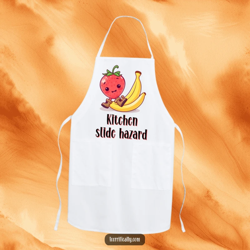 Funny strawberry in tiny boots slipping on a banana peel, perfect for a humorous apron.