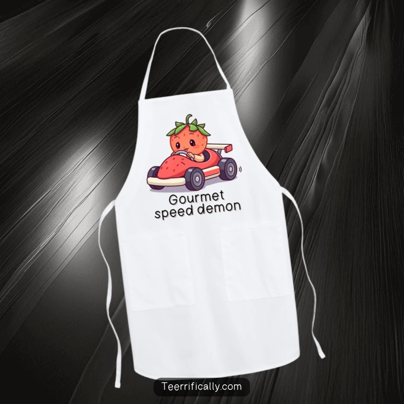 Funny kitchen apron illustrated with a determined strawberry driving a miniature race car made of a berry, perfect for humorous cooking.