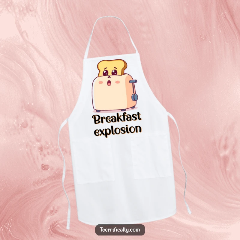Funny cartoon toast popping out of a toaster, wide-eyed with shock and delight, humorous kitchen wear, breakfast joke.