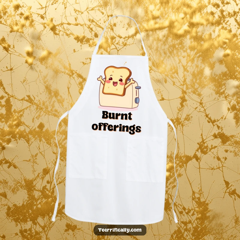 Funny apron with a gleeful toast slice leaping from a toaster, perfect for adding playful energy and humor to cooking and baking.