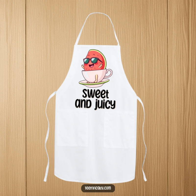 Funny watermelon slice apron, sunglasses included, surfing a teacup during cooking, bringing summer vibes and humor. Fun accessory.