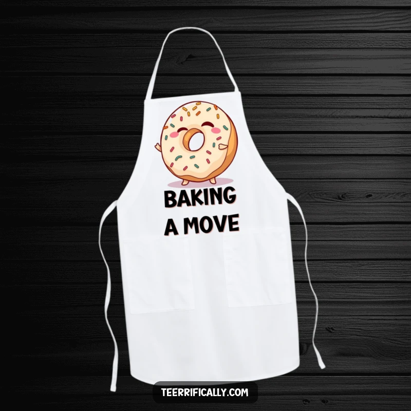 Funny Apron showcasing a winking donut with sprinkles doing a playful shimmy, adding a touch of sweet humor to cooking.