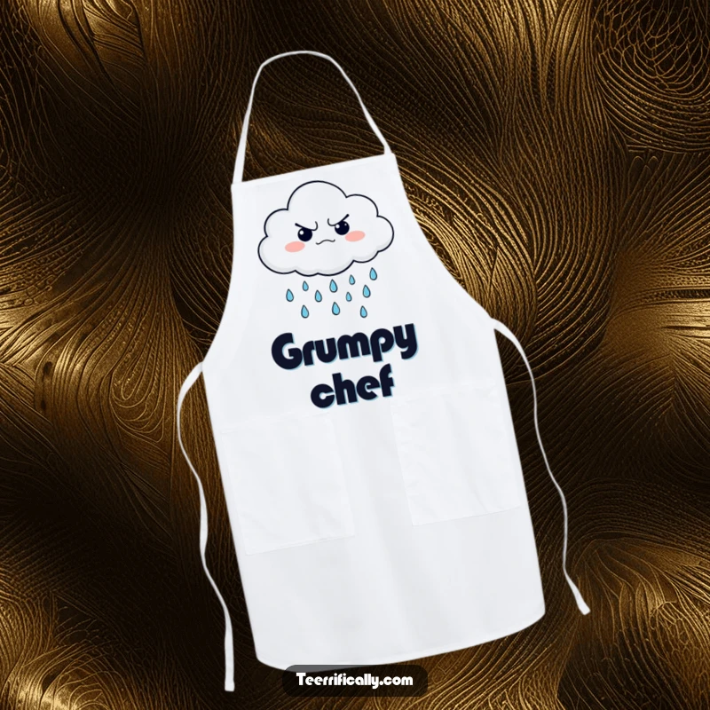 Funny apron with a grumpy cloud character showering happy little raindrops, perfect for a humorous cook.