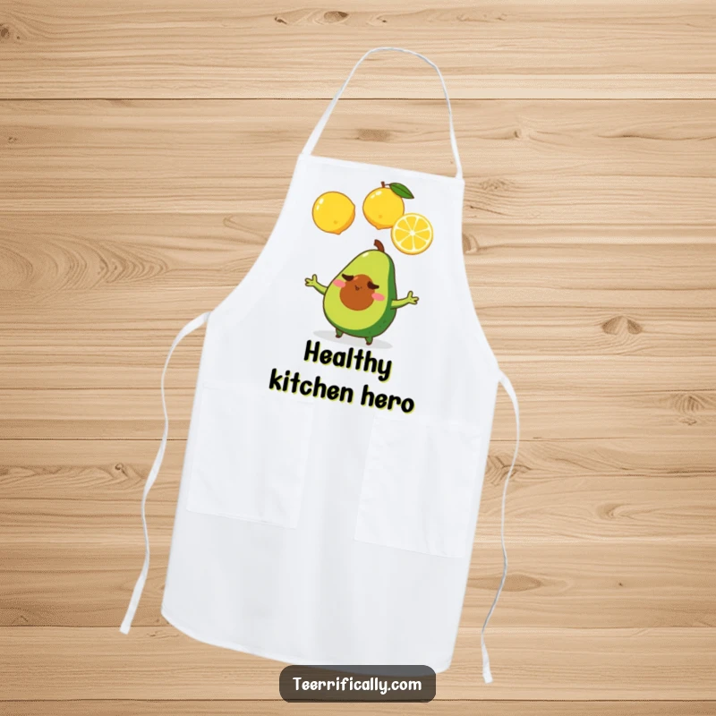 A determined tiny avocado juggling three lemons, shown on a kitchen apron, for focused and fun food preparation.