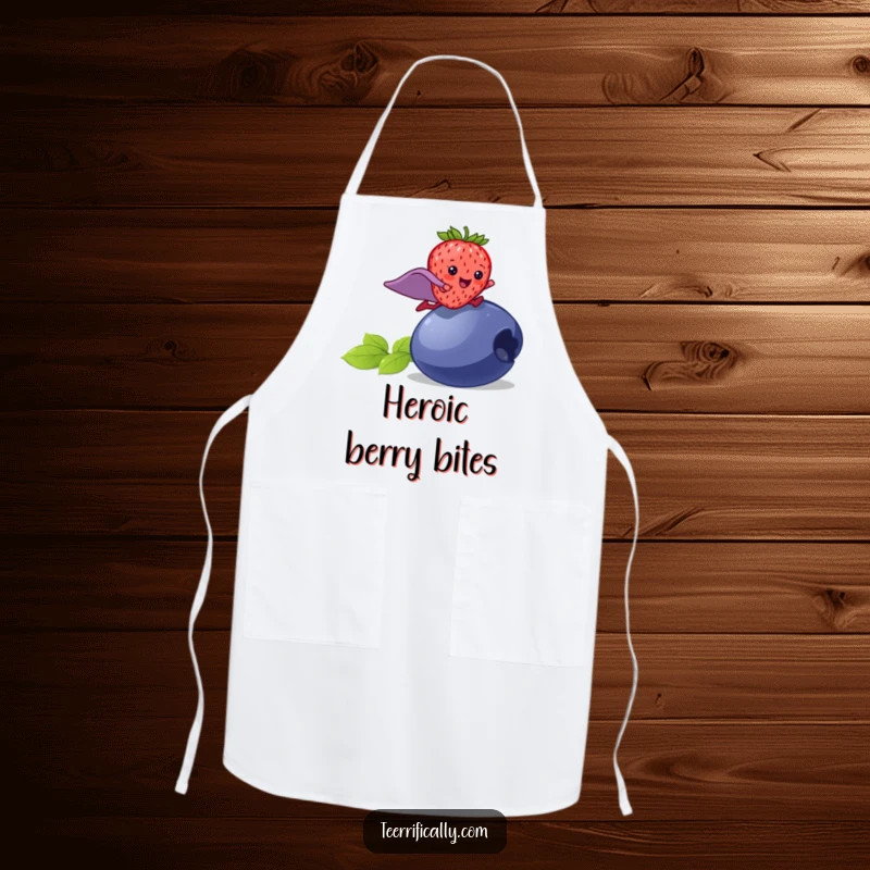 Funny strawberry superhero apron, a happy strawberry in a cape leaping over a blueberry, kitchen wear, humorous for cooking.