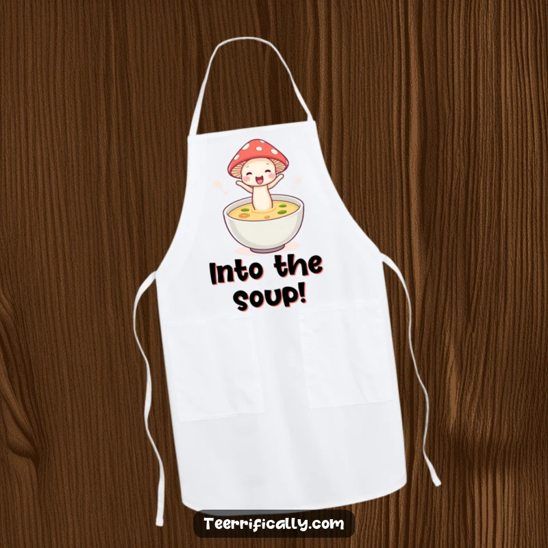 Funny mushroom soup apron, wearing a hat and jumping into soup, perfect for kitchen tasks with whimsical charm.