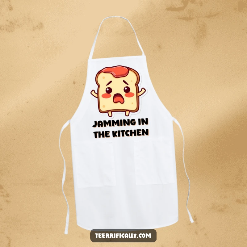 Funny Apron showcasing a bewildered toast character with jam spread on its edges, ideal for kitchen surprise humor.