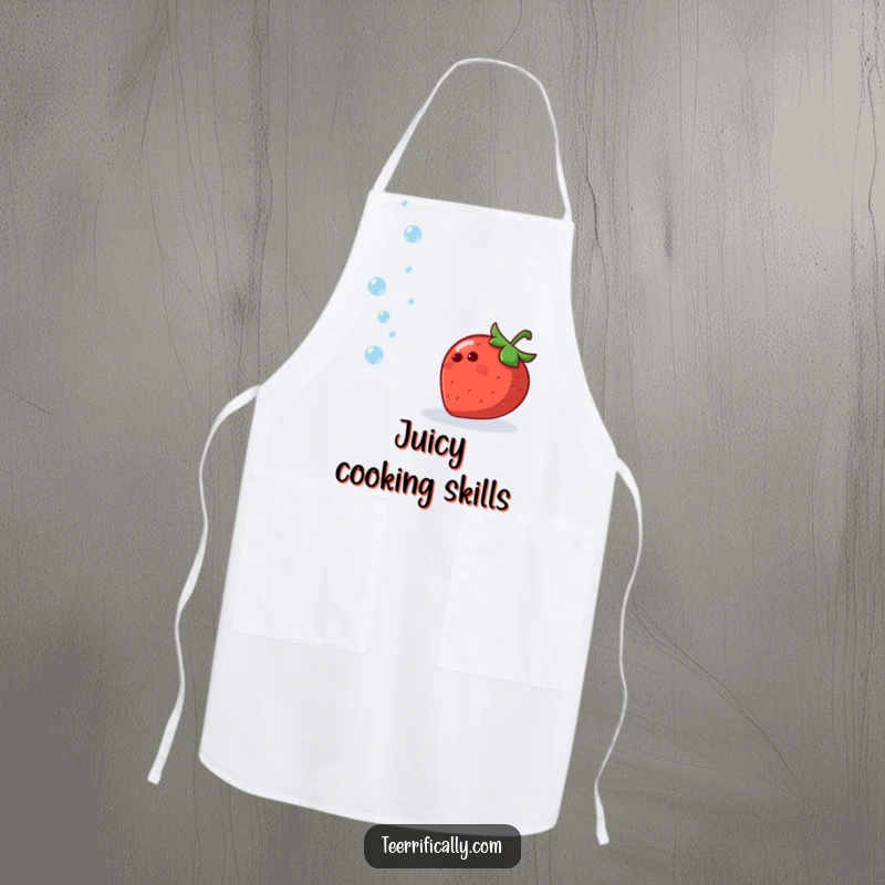 Funny apron showing a cheerful strawberry juggling water droplets, perfect for kitchen fun and fruit lovers.