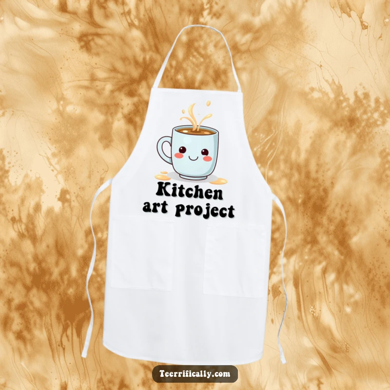 Funny kitchen apron featuring a tiny determined coffee mug spilling a steaming latte that forms a smiley face, perfect for cooking fun.