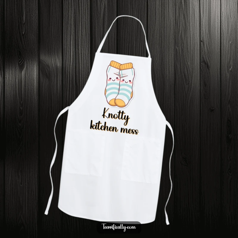 Funny Apron showcasing playful sock characters happily knotted together, perfect for adding humor to kitchen tasks.