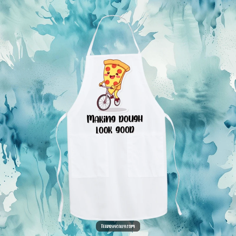 Funny pizza slice apron, enthusiastically riding a unicycle while cooking, a symbol of kitchen chaos and joy. Hilarious accessory.