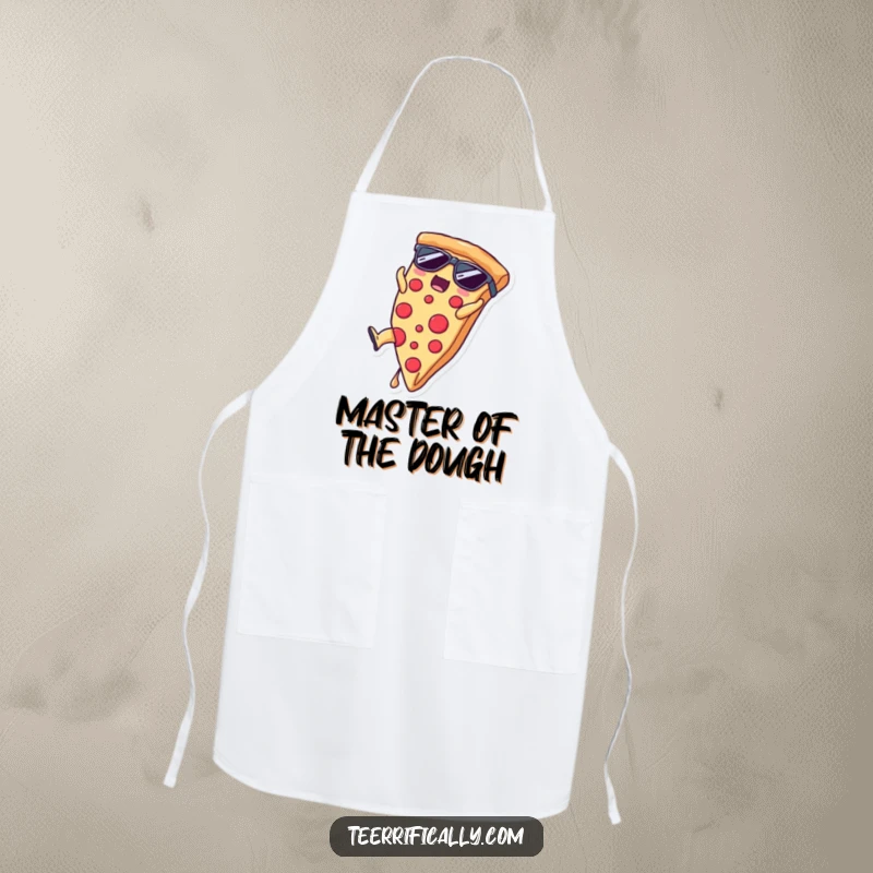 Funny pizza slice wearing sunglasses doing a somersault, kitchen apron for a funny gift.