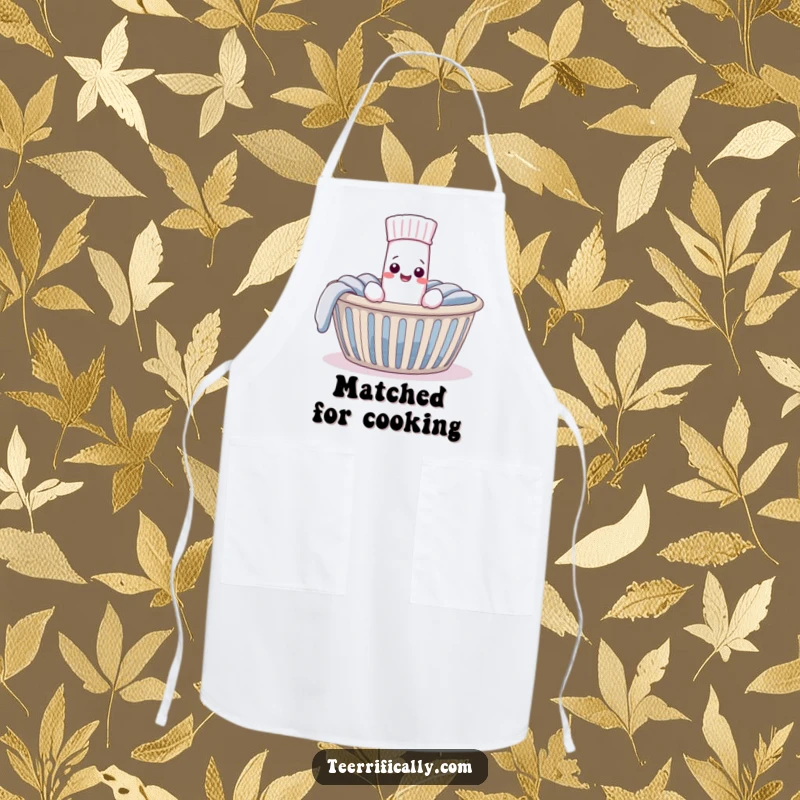 Funny Apron showing a pleased sock finding its mate in a laundry basket, perfect for chefs who cook with humor and appreciate order.