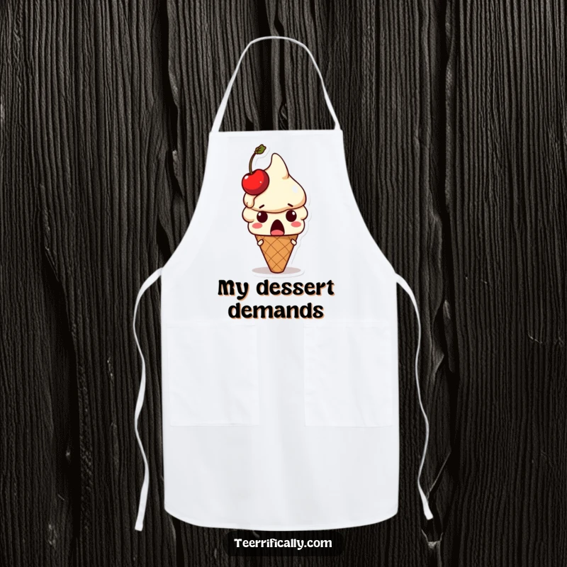 Funny ice cream apron: Surprised ice cream cone character with a melting cherry on its head, a practical funny gift.